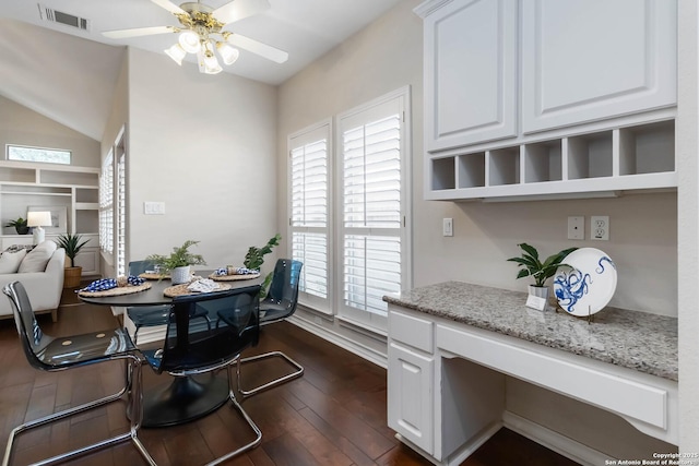 1407 Canyon Edge, San Antonio, TX 78248 - dining area with dark wood-style floors, healthy amount of natural light, ceiling fan, and lofted ceiling