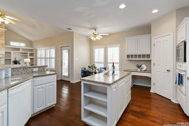 1407 Canyon Edge, San Antonio, TX 78248 - kitchen featuring white appliances, ceiling fan, open shelves, white cabinetry, and recessed lighting