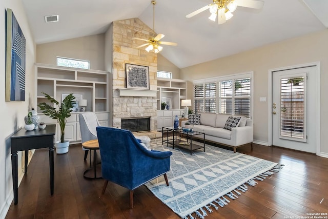1407 Canyon Edge, San Antonio, TX 78248 - living area with ceiling fan, dark wood-type flooring, a fireplace, high vaulted ceiling, and built in features