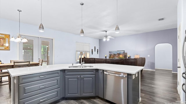 1238 Sugar Land, New Braunfels, TX 78130 - kitchen featuring dishwasher, open floor plan, gray cabinets, light countertops, and dark wood-type flooring