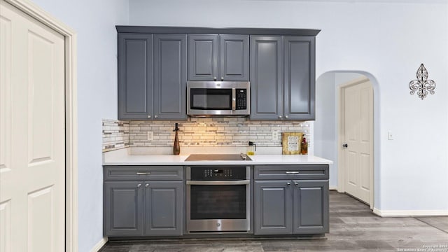 1238 Sugar Land, New Braunfels, TX 78130 - kitchen featuring appliances with stainless steel finishes, gray cabinetry, backsplash, and dark wood-type flooring