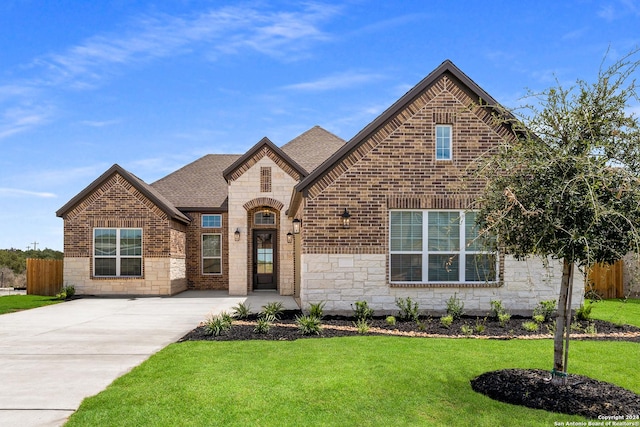 207 Azalea Aly, Castroville, TX 78009 - french country inspired facade featuring stone siding, brick siding, and roof with shingles