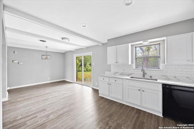 910 Mount Kisco, San Antonio, TX 78213 - kitchen with black dishwasher, decorative backsplash, dark wood-type flooring, white cabinets, and beam ceiling