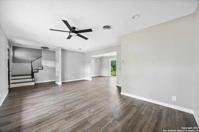 910 Mount Kisco, San Antonio, TX 78213 - unfurnished living room with ceiling fan, wood finished floors, and stairway