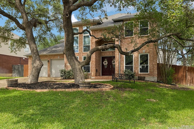 4130 Luckenbach, San Antonio, TX 78251 - traditional-style home featuring brick siding, an attached garage, a shingled roof, and driveway
