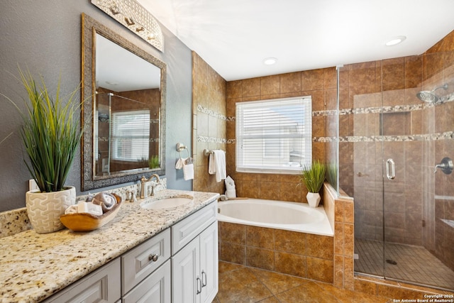 4130 Luckenbach, San Antonio, TX 78251 - full bath featuring vanity, a bath, a shower stall, and tile patterned floors