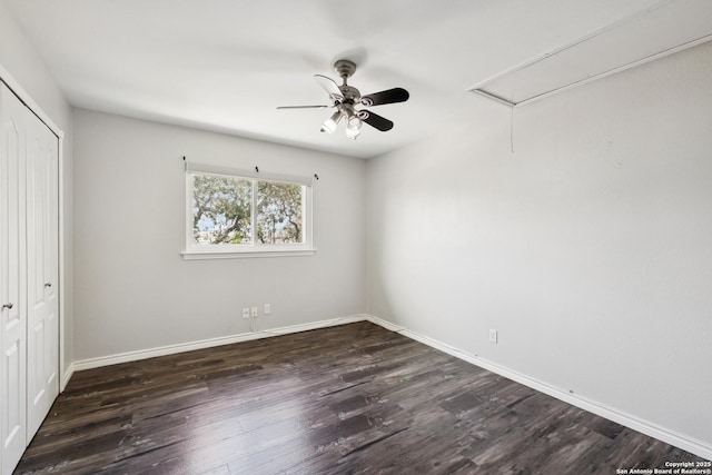 4130 Luckenbach, San Antonio, TX 78251 - unfurnished bedroom featuring attic access, a closet, wood finished floors, and a ceiling fan