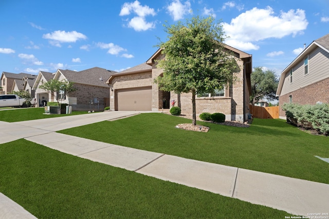 1573 Las Fontanasa, New Braunfels, TX 78132 - view of front facade with brick siding, driveway, an attached garage, and a residential view
