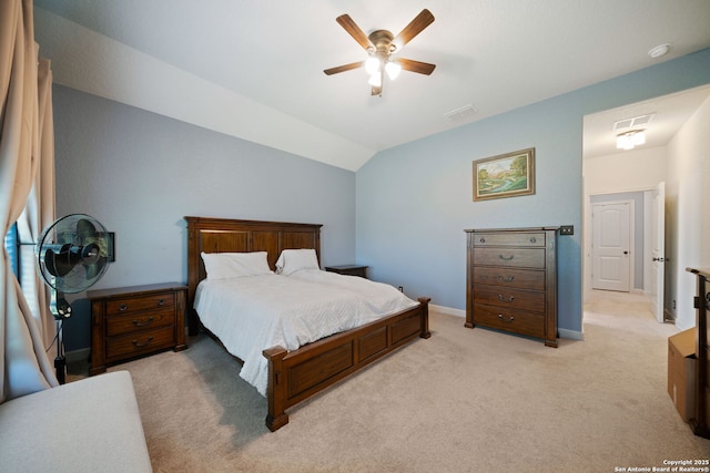 1573 Las Fontanasa, New Braunfels, TX 78132 - bedroom featuring lofted ceiling, light colored carpet, and a ceiling fan