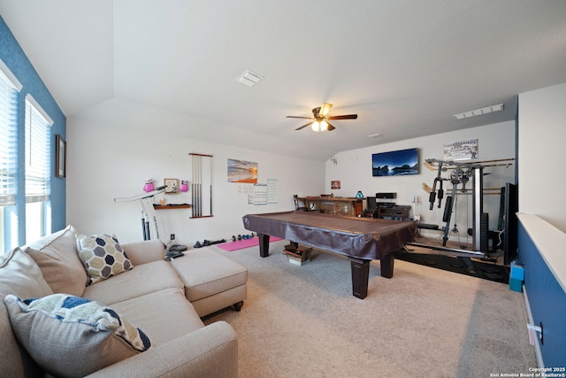 1573 Las Fontanasa, New Braunfels, TX 78132 - recreation room featuring pool table, carpet, and a ceiling fan