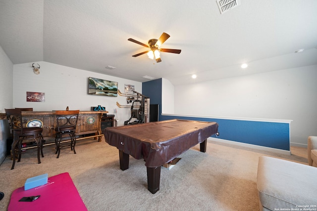 1573 Las Fontanasa, New Braunfels, TX 78132 - playroom with vaulted ceiling, bar area, carpet, ceiling fan, and billiards