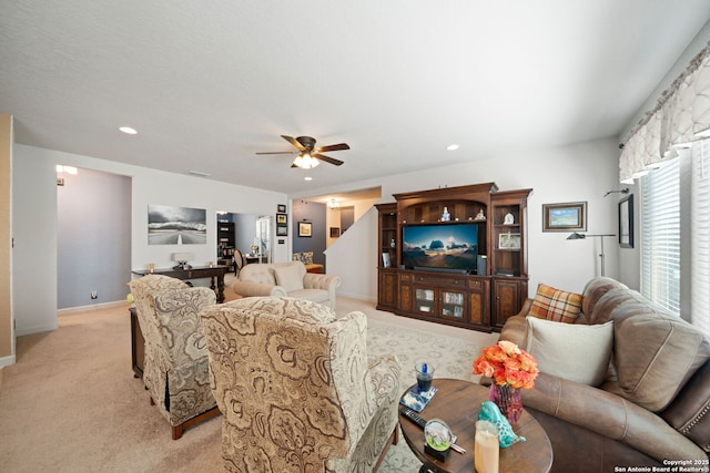 1573 Las Fontanasa, New Braunfels, TX 78132 - living area featuring light carpet, a ceiling fan, and recessed lighting