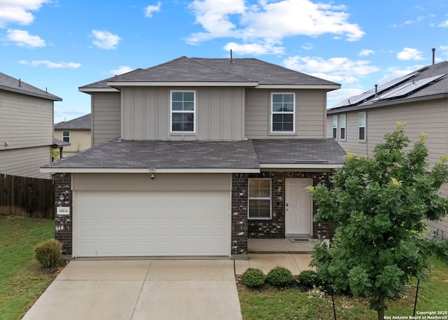 14034 Breccia, San Antonio, TX 78253 - traditional-style home with driveway, board and batten siding, brick siding, a garage, and roof with shingles