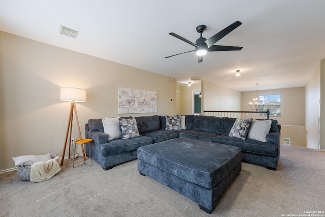 21731 Cliff Vw, San Antonio, TX 78259 - living area with a chandelier, carpet flooring, and ceiling fan
