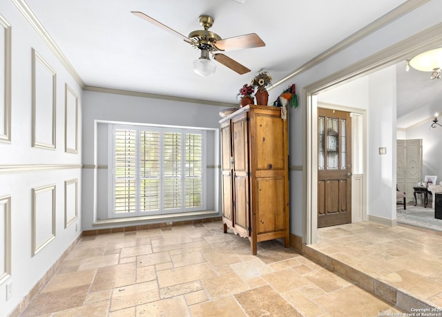 16018 Alsace, San Antonio, TX 78232 - unfurnished bedroom featuring stone tile floors, ornamental molding, and ceiling fan