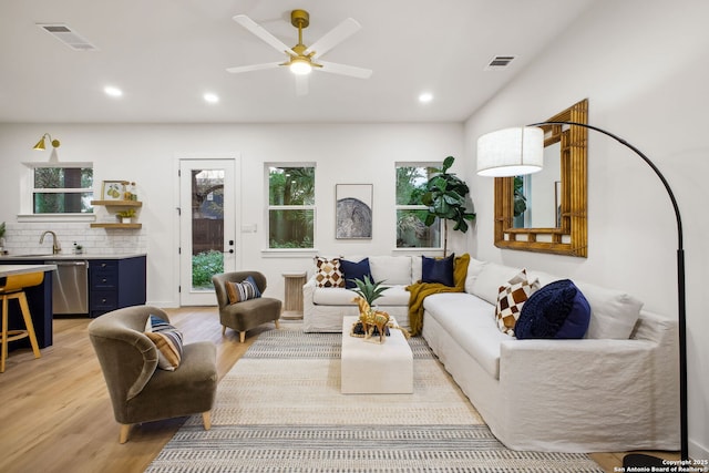 1939 W French Pl, San Antonio, TX 78201 - living room with light wood-type flooring, recessed lighting, and ceiling fan