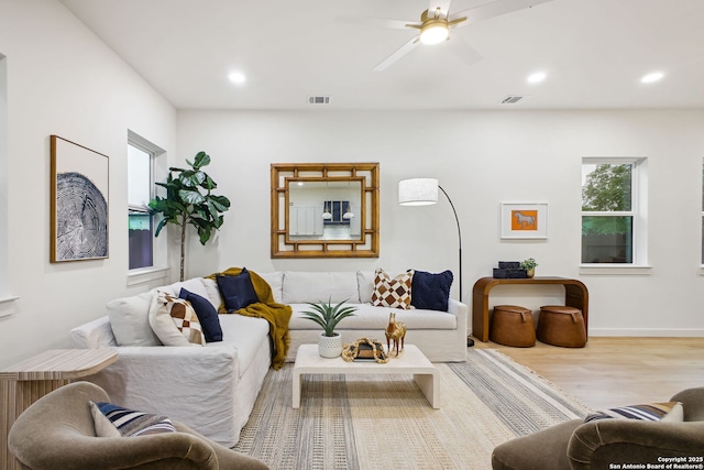1939 W French Pl, San Antonio, TX 78201 - living room featuring wood finished floors, recessed lighting, and a ceiling fan