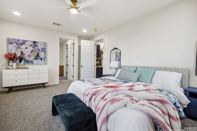 1939 W French Pl, San Antonio, TX 78201 - carpeted bedroom with recessed lighting, a ceiling fan, and connected bathroom
