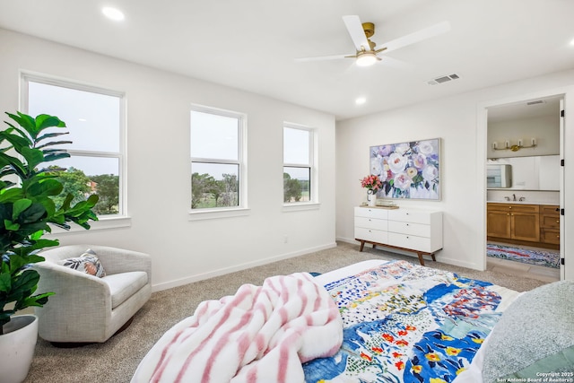 1939 W French Pl, San Antonio, TX 78201 - bedroom with recessed lighting, connected bathroom, light carpet, and a ceiling fan