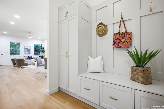 1939 W French Pl, San Antonio, TX 78201 - mudroom featuring light wood-style floors, ceiling fan, and recessed lighting