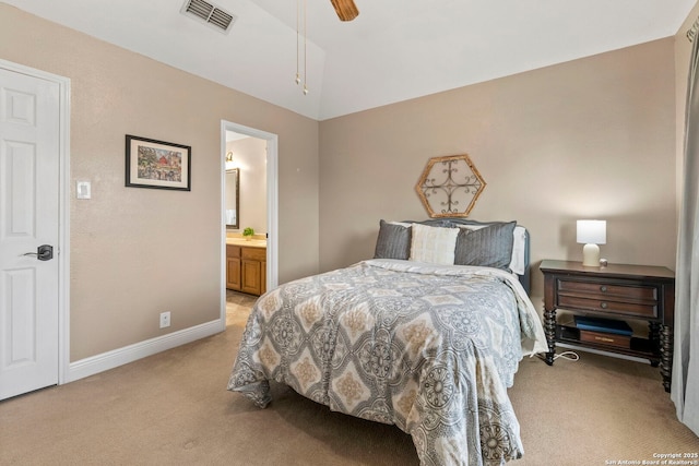 19502 Encino Bow, San Antonio, TX 78259 - bedroom with light colored carpet, ensuite bathroom, and a ceiling fan