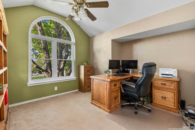 19502 Encino Bow, San Antonio, TX 78259 - home office featuring lofted ceiling, ceiling fan, and light colored carpet