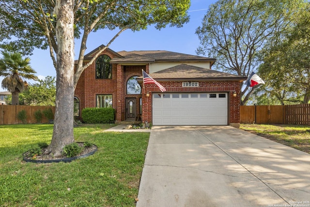 19502 Encino Bow, San Antonio, TX 78259 - traditional home with a garage, brick siding, concrete driveway, and a shingled roof