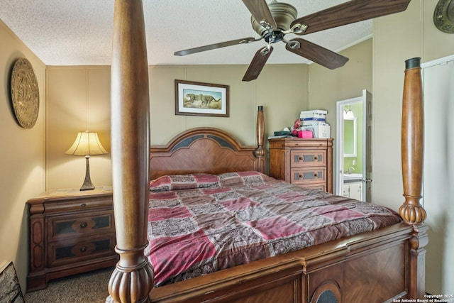 1111 Valeria, Marion, TX 78124 - bedroom featuring vaulted ceiling, carpet floors, a textured ceiling, ensuite bathroom, and a ceiling fan