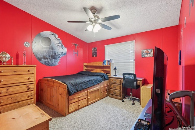 1111 Valeria, Marion, TX 78124 - carpeted bedroom with a textured ceiling, an office area, and a ceiling fan