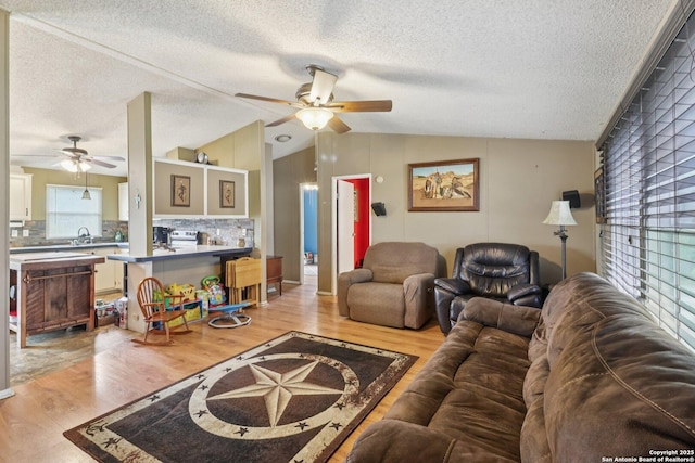 1111 Valeria, Marion, TX 78124 - living area with ceiling fan, vaulted ceiling, light wood-style floors, and a textured ceiling