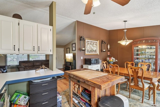 1111 Valeria, Marion, TX 78124 - kitchen with white cabinetry, stainless steel microwave, light countertops, ceiling fan, and pendant lighting