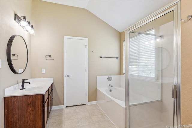 7738 Brisbane Bnd, Converse, TX 78109 - bathroom with vanity, lofted ceiling, a bath, and a shower stall