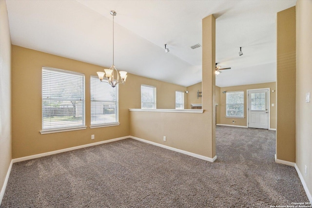 7738 Brisbane Bnd, Converse, TX 78109 - unfurnished room featuring carpet floors, vaulted ceiling, a chandelier, and ceiling fan