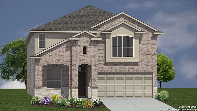 21034 Millstream Bnd, San Antonio, TX 78266 - view of front of home featuring brick siding, driveway, roof with shingles, a garage, and a front lawn