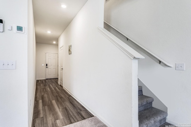 5323 Flying Hooves, San Antonio, TX 78222 - hall with stairs, recessed lighting, and dark wood-style floors