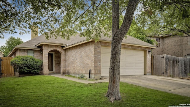 15306 Spring Dew, San Antonio, TX 78247 - view of front of house featuring concrete driveway, a chimney, an attached garage, and brick siding