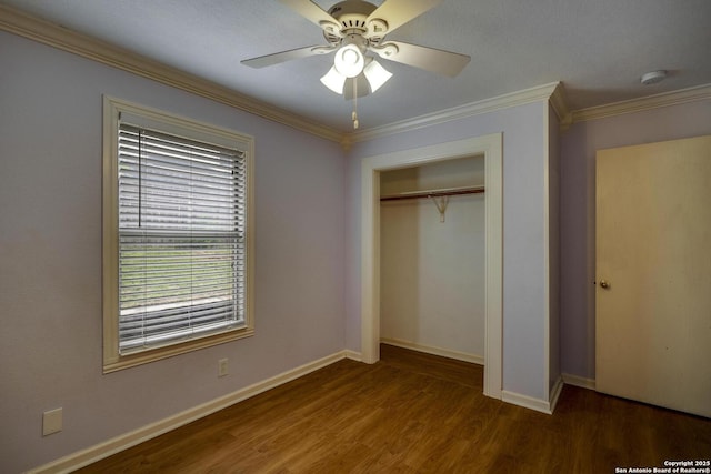 15306 Spring Dew, San Antonio, TX 78247 - unfurnished bedroom with crown molding, a closet, wood finished floors, and ceiling fan