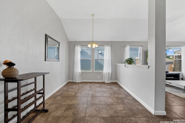 9511 Autumn Run, Converse, TX 78109 - unfurnished dining area featuring vaulted ceiling, a chandelier, plenty of natural light, a textured wall, and dark tile patterned floors