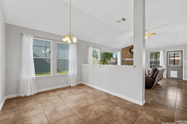 9511 Autumn Run, Converse, TX 78109 - unfurnished dining area featuring a chandelier, lofted ceiling, a ceiling fan, and tile patterned flooring