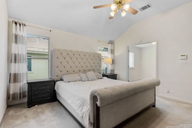9511 Autumn Run, Converse, TX 78109 - bedroom featuring light colored carpet, vaulted ceiling, and a ceiling fan