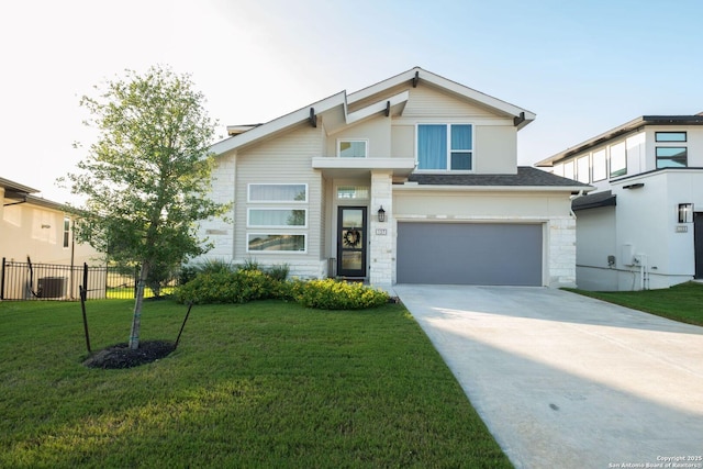 137 Mescalero, Boerne, TX 78006 - view of front of property featuring concrete driveway, an attached garage, stone siding, and roof with shingles