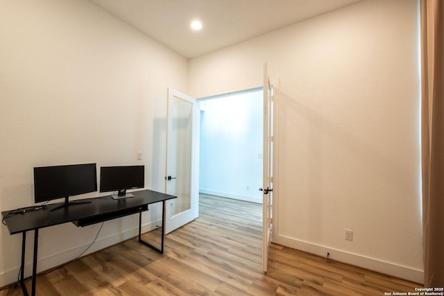 137 Mescalero, Boerne, TX 78006 - home office with french doors, wood finished floors, and recessed lighting