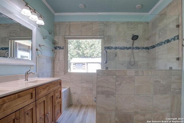 201 Cibolo Xing, Boerne, TX 78006 - full bath with crown molding, a stall shower, and double vanity