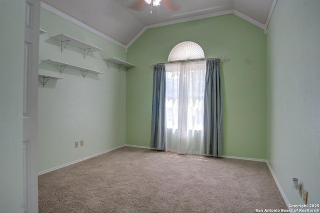 201 Cibolo Xing, Boerne, TX 78006 - carpeted empty room with ceiling fan, vaulted ceiling, and ornamental molding