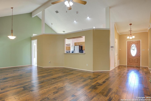 201 Cibolo Xing, Boerne, TX 78006 - unfurnished living room featuring hardwood / wood-style flooring, ceiling fan, beam ceiling, crown molding, and high vaulted ceiling