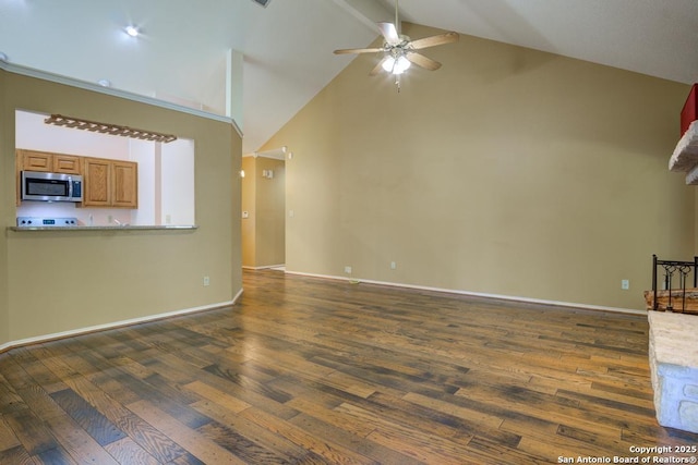 201 Cibolo Xing, Boerne, TX 78006 - unfurnished living room with ceiling fan, dark wood-style flooring, and high vaulted ceiling