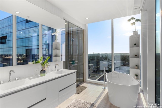 313 17th Unit, Austin, TX 78701 - full bath with a wall of windows, a freestanding tub, and double vanity