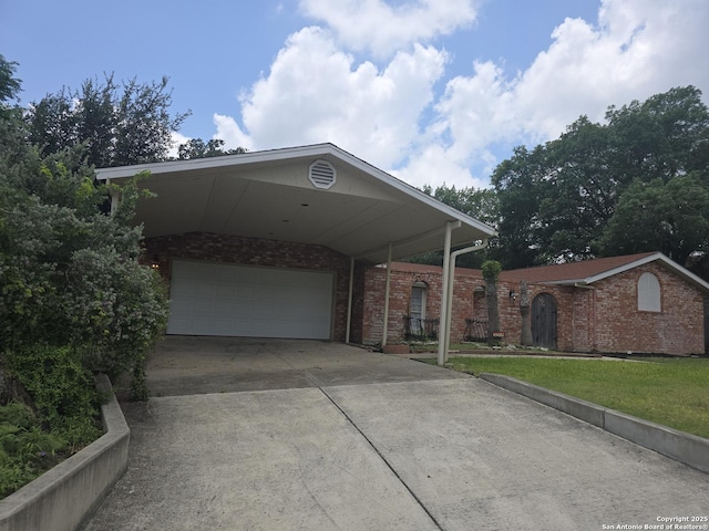 5214 King George, San Antonio, TX 78229 - ranch-style home with driveway, brick siding, a carport, a garage, and a front lawn