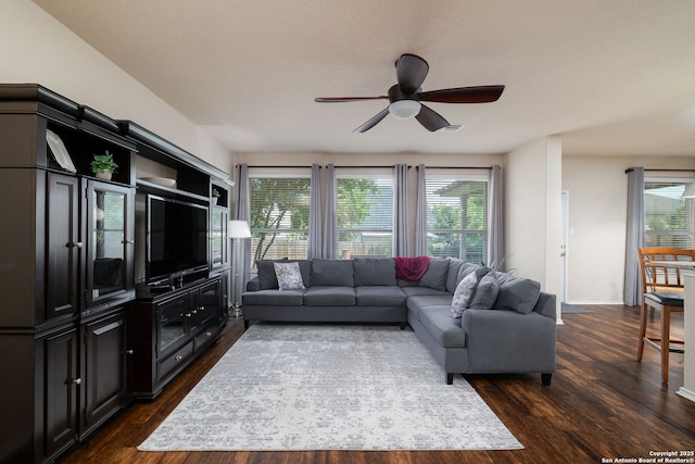 401 Canterbury, Cibolo, TX 78108 - living room with ceiling fan and dark wood-style flooring