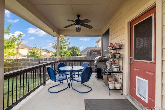 401 Canterbury, Cibolo, TX 78108 - fenced backyard with ceiling fan, area for grilling, outdoor dining area, and a patio area
